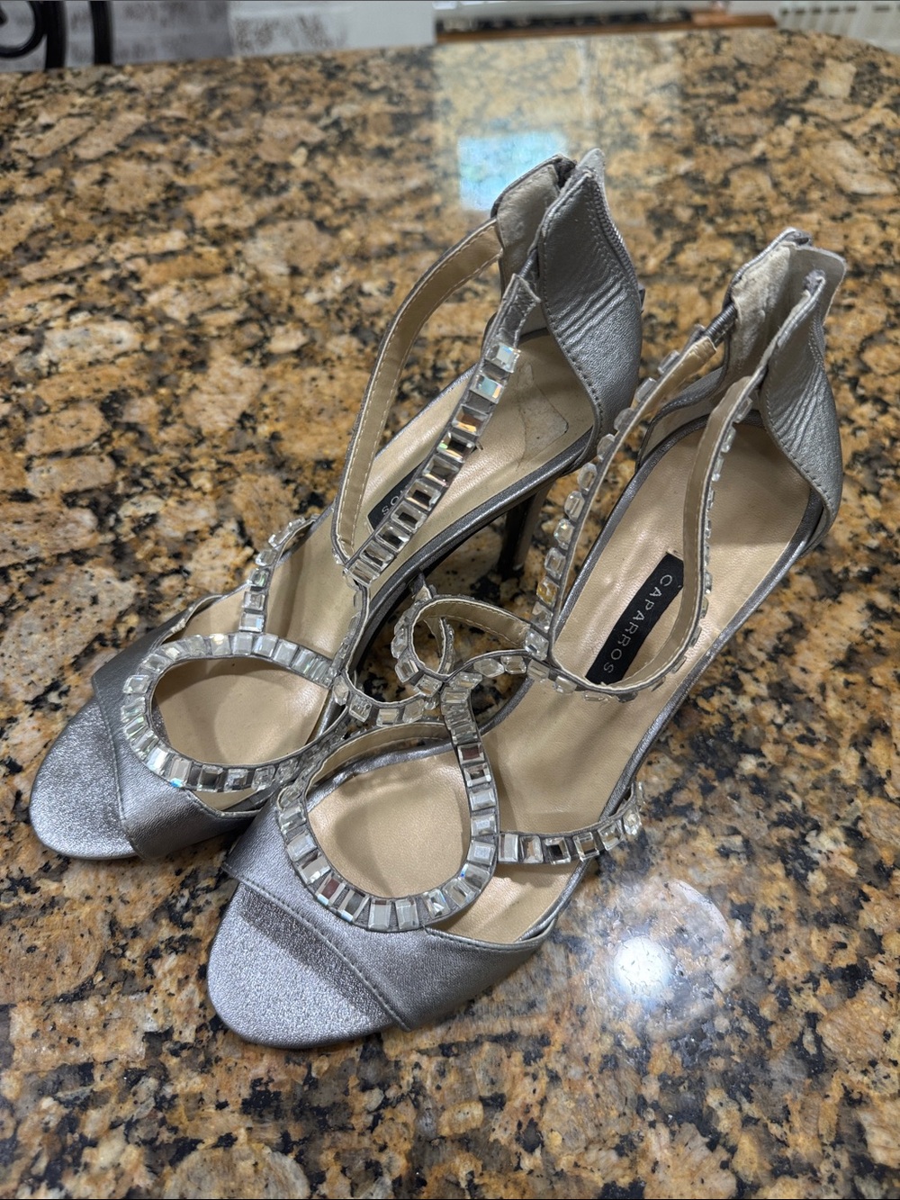 Caparros Metallic Silver Gem-Trim T-Strap Heels